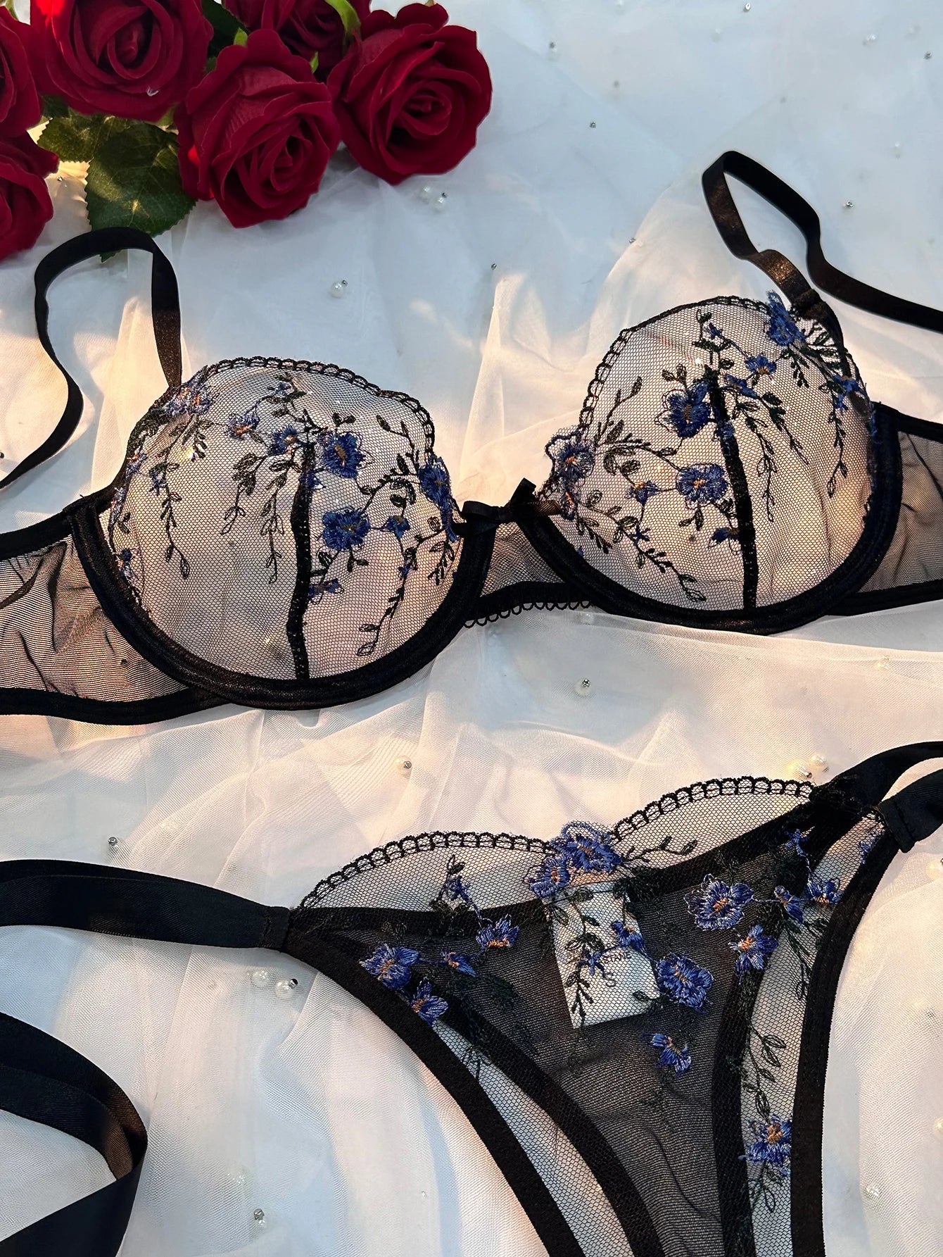 Valentine's Day Gift Sexy Charm Floral Print Black Lace Mesh  Womens Lingerie Set