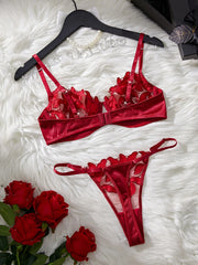 Hot Selling Lightweight Bow Decoration Red Lace and Mesh Floral Print Womens Lingerie