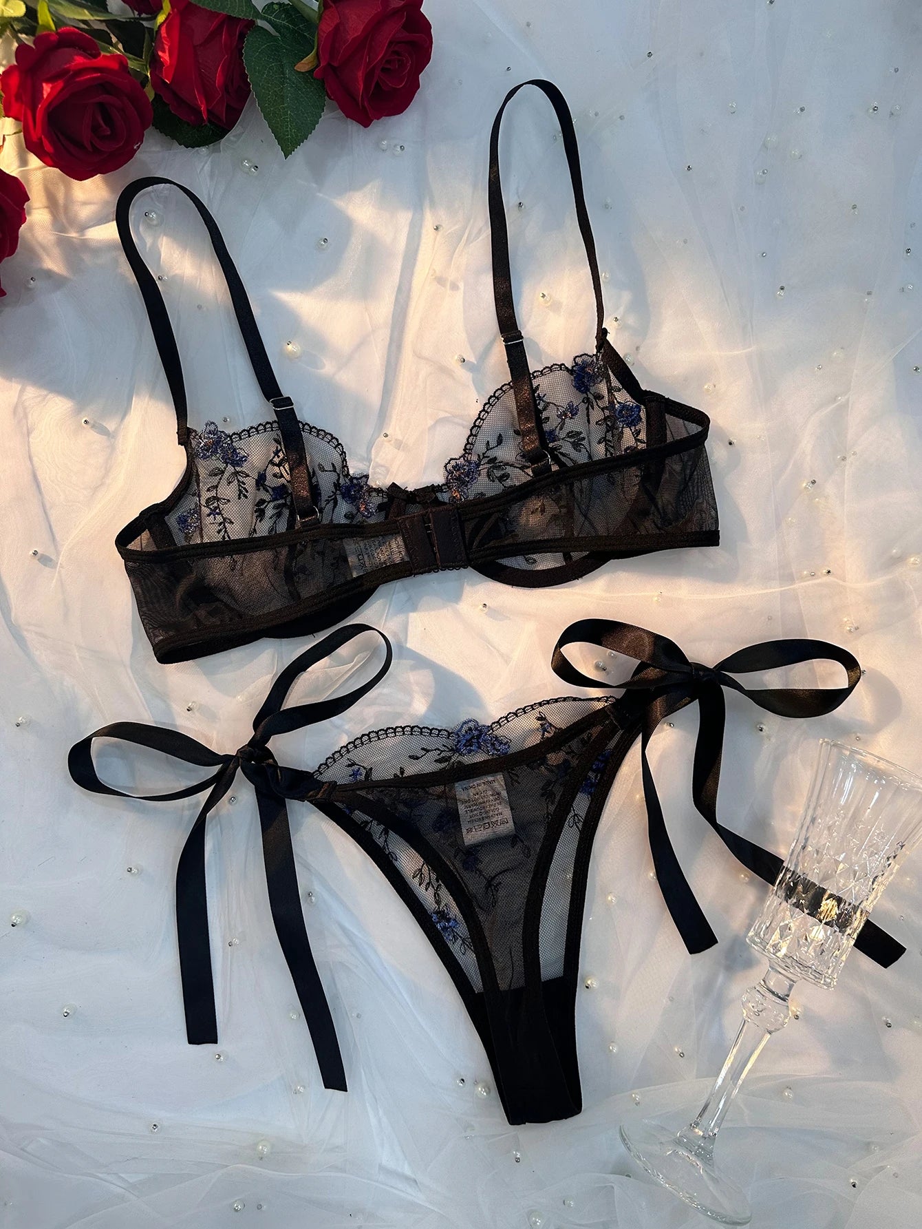 Valentine's Day Gift Sexy Charm Floral Print Black Lace Mesh  Womens Lingerie Set