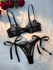 Valentine's Day Gift Sexy Charm Floral Print Black Lace Mesh  Womens Lingerie Set