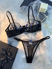 Two Piece Transparent Sexy Comfortable Blue Floral Embroidery Transparent Lingerie Panties and Bra
