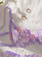 Valentine's Day Sexy and Aesthetic Wine Purple Lace Floral Embroidery Lingerie Set