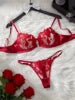 Hot Selling Lightweight Bow Decoration Red Lace and Mesh Floral Print Womens Lingerie
