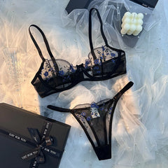 Two Piece Transparent Sexy Comfortable Blue Floral Embroidery Transparent Lingerie Panties and Bra