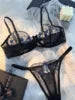 Two Piece Transparent Sexy Comfortable Blue Floral Embroidery Transparent Lingerie Panties and Bra