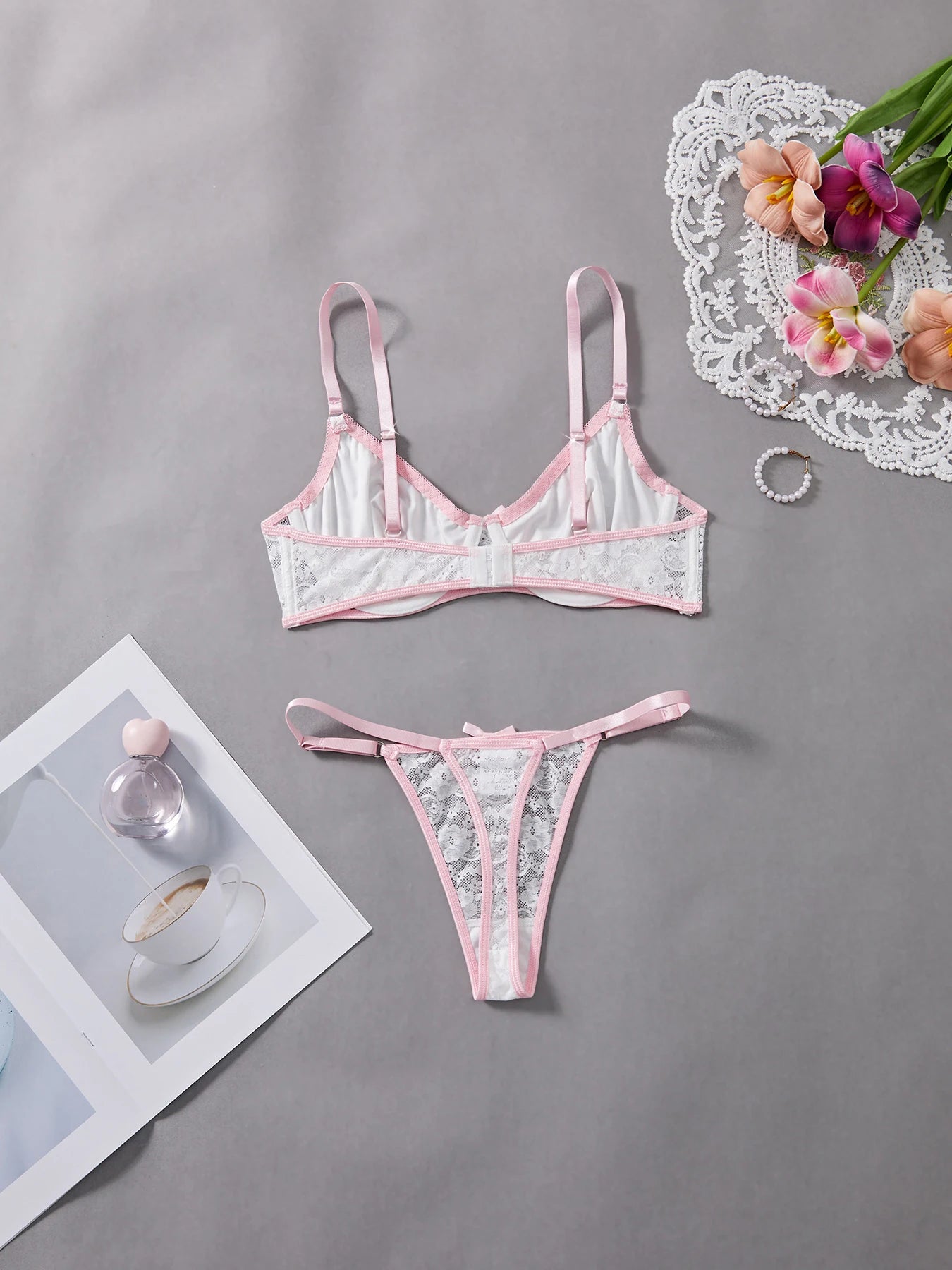 New Sexy 2-Piece  Lingerie Set Fancy Crocheted Lace Exquisite Embroidery Transparent Erotic Womens Underwear- Panty