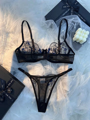 Two Piece Transparent Sexy Comfortable Blue Floral Embroidery Transparent Lingerie Panties and Bra