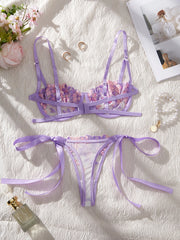 Valentine's Day Sexy and Aesthetic Wine Purple Lace Floral Embroidery Lingerie Set