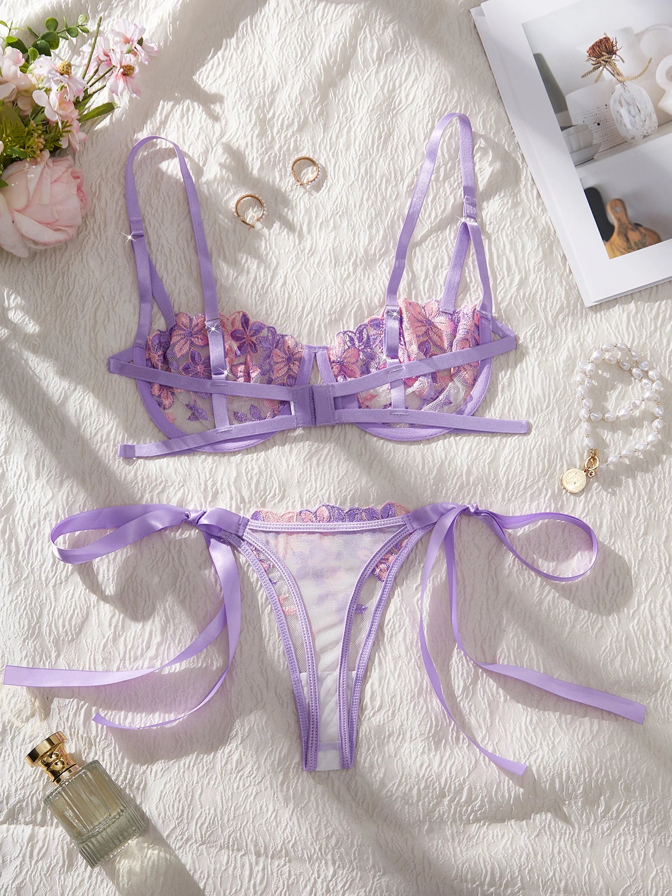 Valentine's Day Sexy and Aesthetic Wine Purple Lace Floral Embroidery Lingerie Set