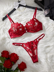 Hot Selling Lightweight Bow Decoration Red Lace and Mesh Floral Print Womens Lingerie