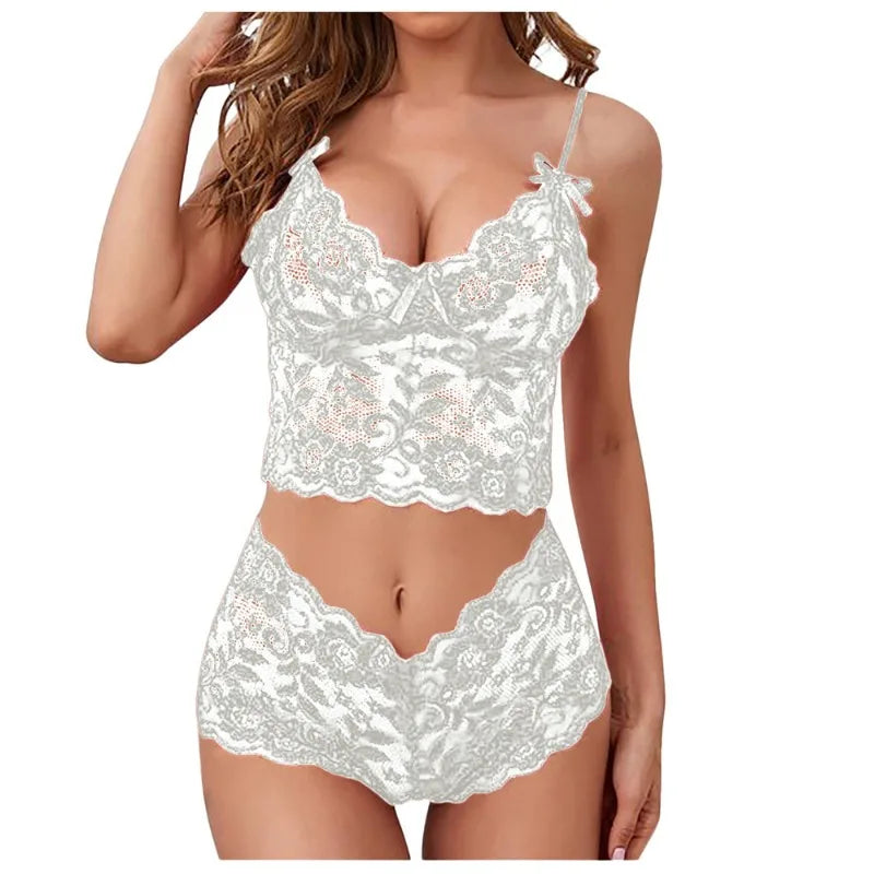 Women's Sexy Lace Pajamas Set Suspenders V-Neck See Through Sleepwear Women's Bacless Lingerie Shorts 2 Piece Set