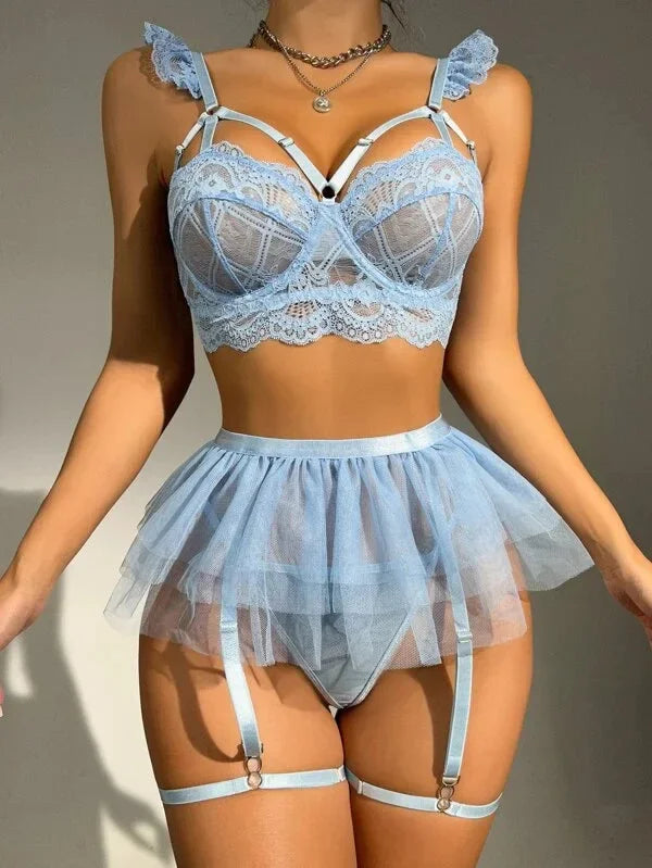 Sexy Lingerie Fancy Lace Eroticу Set Woman 3 Pieces Transparent Women's Underwear Embroidery Erotic Beautiful Bra And Panty Sets