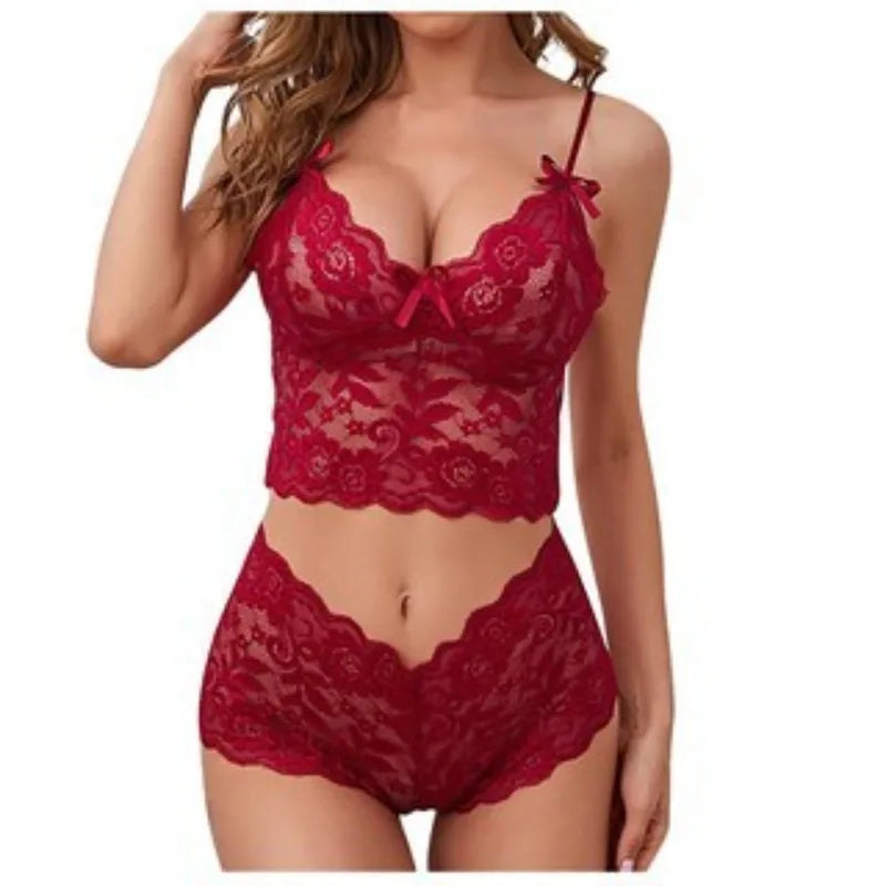 Women's Sexy Lace Pajamas Set Suspenders V-Neck See Through Sleepwear Women's Bacless Lingerie Shorts 2 Piece Set
