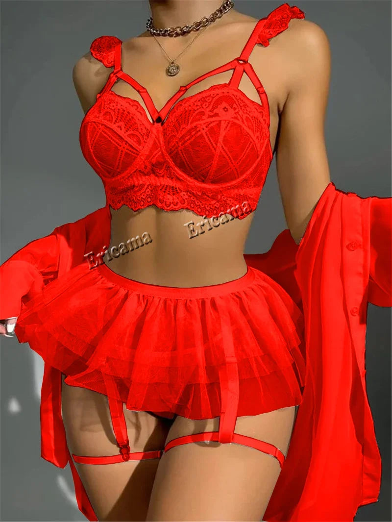 Sexy Lingerie Fancy Lace Eroticу Set Woman 3 Pieces Transparent Women's Underwear Embroidery Erotic Beautiful Bra And Panty Sets