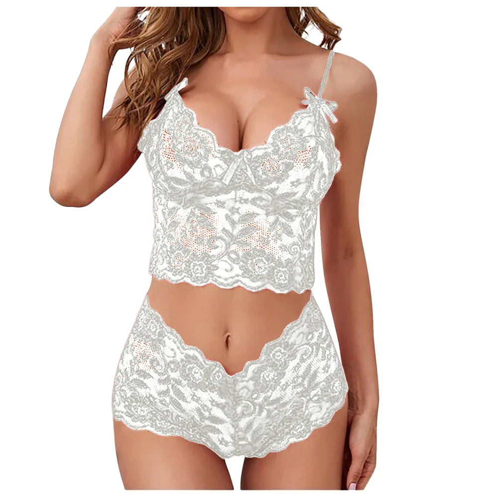Women's Sexy Lace Pajamas Set Suspenders V-Neck See Through Sleepwear Women's Bacless Lingerie Shorts 2 Piece Set