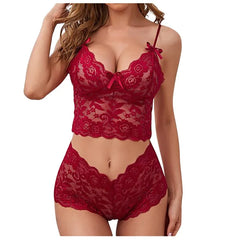 Women's Sexy Lace Pajamas Set Suspenders V-Neck See Through Sleepwear Women's Bacless Lingerie Shorts 2 Piece Set