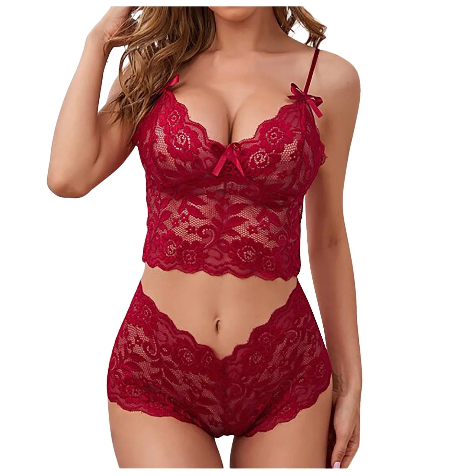 Women's Sexy Lace Pajamas Set Suspenders V-Neck See Through Sleepwear Women's Bacless Lingerie Shorts 2 Piece Set
