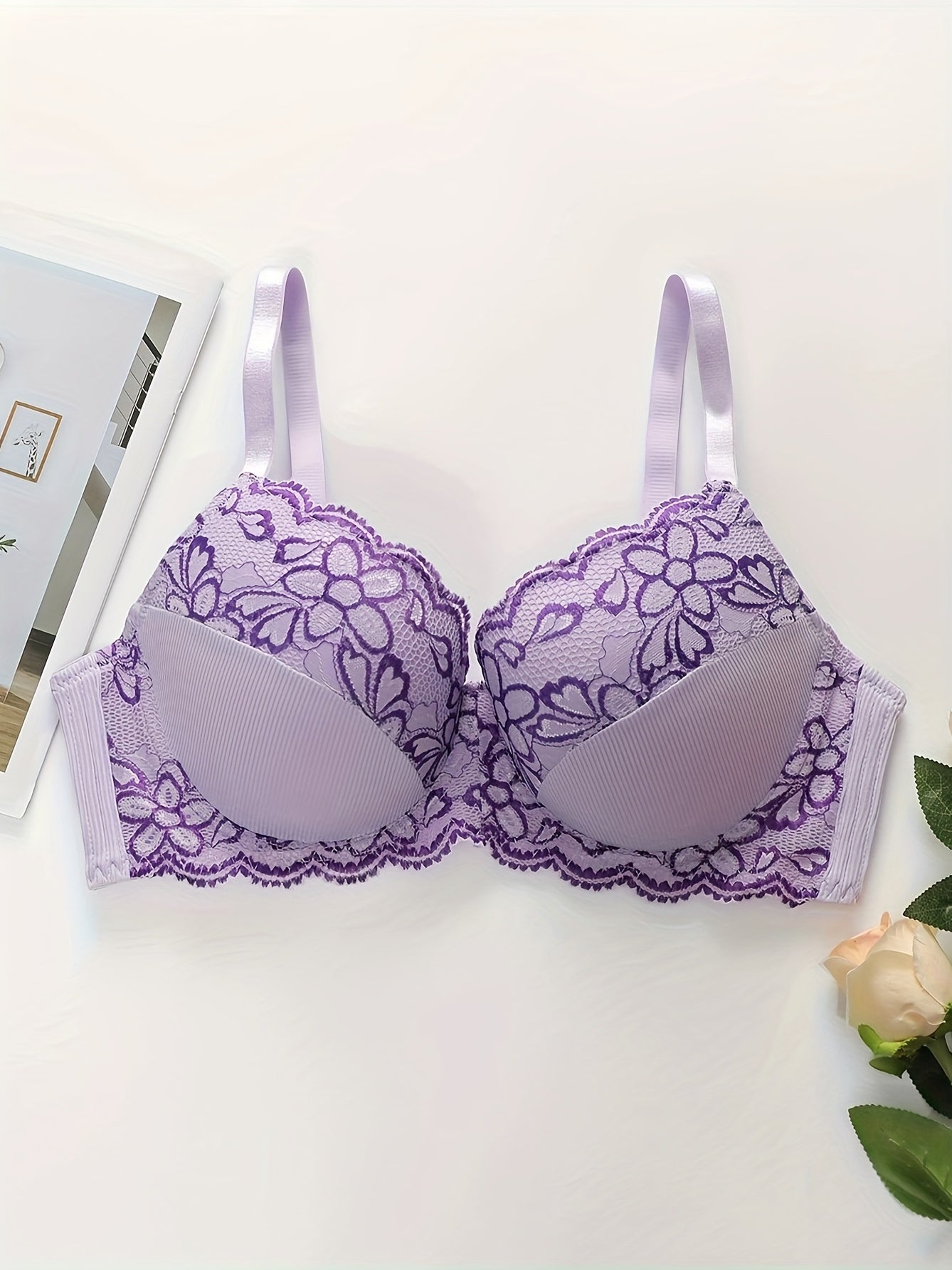 Plus Size Women'S Elegant Floral Lace Push-Up Bra For Women, Adjustable Straps - Non-Removable Padded Cups, Intricate Lacework Comfortable Sexy Lingerie For Everyday & Special Occasions, Women'S Lingerie & Underwear