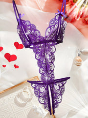 Sultry Deep V Backless Floral Lace Bodysuit - Semi-Sheer, Mid-Elastic, Hand Washable, Polyester Teddy Lingerie for Women - Sexy Open Crotch Design, Contrast Lace, Knit Fabric, Solid Color