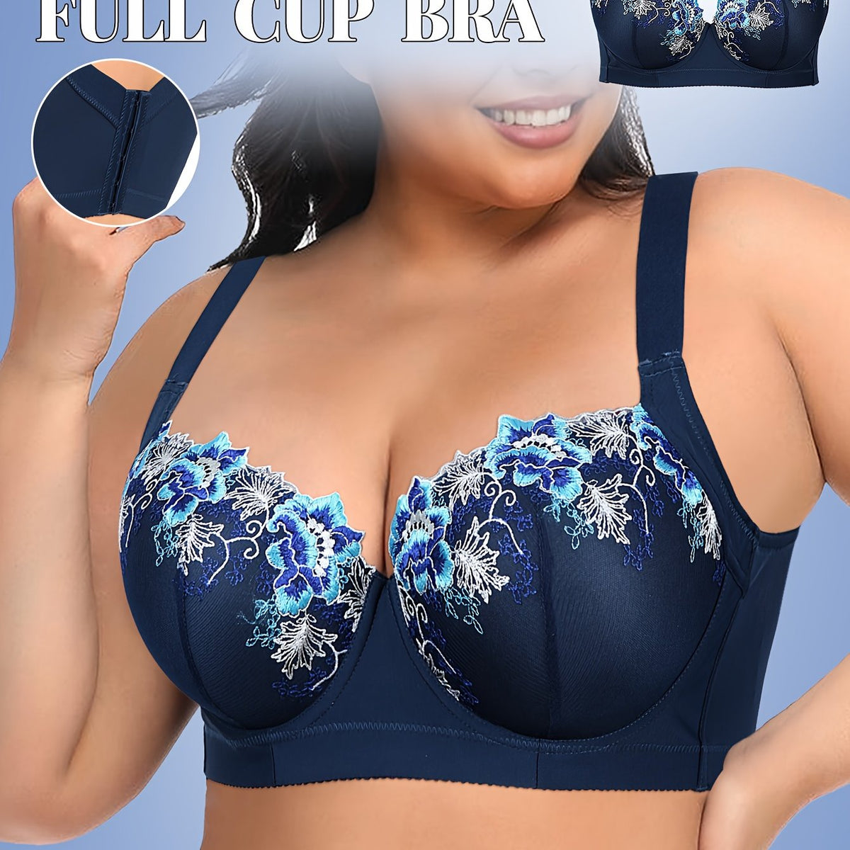 Women'S Plus Size Underwire Bras - Full-Coverage Non-Dam Removable-Free Padding, Navy Blue Floral Lace Trim, Full Cup Lift & Support, Everyday & Formal Wear, Sexy & Elegant Full-Bust Bras for Curvy Women, Comfortable Wire Bra