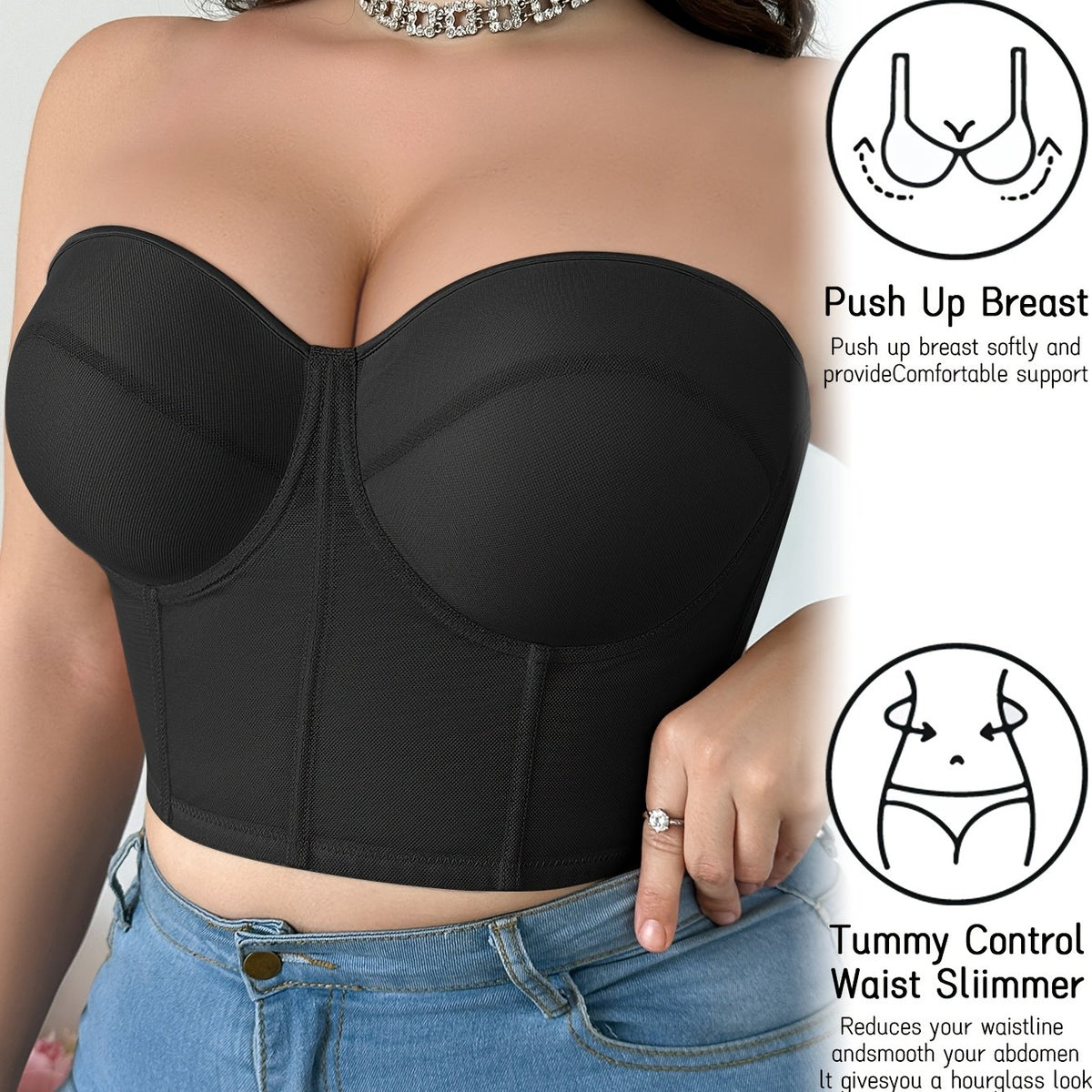 Plus-Size French-Inspired Underwire Push-Up Bra with Adjustable Detachable Straps & Fishbone Corset Design - Invisible Mesh Tummy Control Slimmer, Breathable Anti-Sagging Support, Machine Washable Elegant Structured Undergarm
