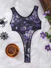 Women's Sexy Halloween one-piece lingerie - Semi-Sheer Mesh, Sexy Party Outfit for Halloween Costume Intimate Evenings, Women's Lingerie, Themed Clothing, Floral Print Design, Stretchy Material, Garterneck Bralette, Adult Wom