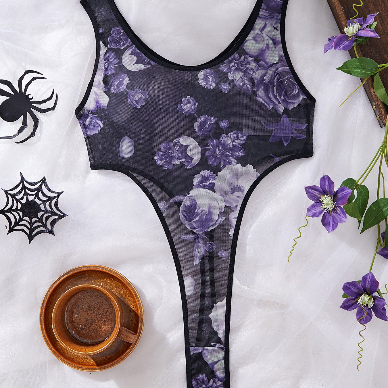 Women's Sexy Halloween one-piece lingerie - Semi-Sheer Mesh, Sexy Party Outfit for Halloween Costume Intimate Evenings, Women's Lingerie, Themed Clothing, Floral Print Design, Stretchy Material, Garterneck Bralette, Adult Wom