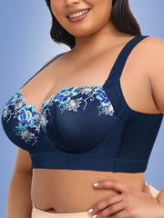 Women'S Plus Size Underwire Bras - Full-Coverage Non-Dam Removable-Free Padding, Navy Blue Floral Lace Trim, Full Cup Lift & Support, Everyday & Formal Wear, Sexy & Elegant Full-Bust Bras for Curvy Women, Comfortable Wire Bra