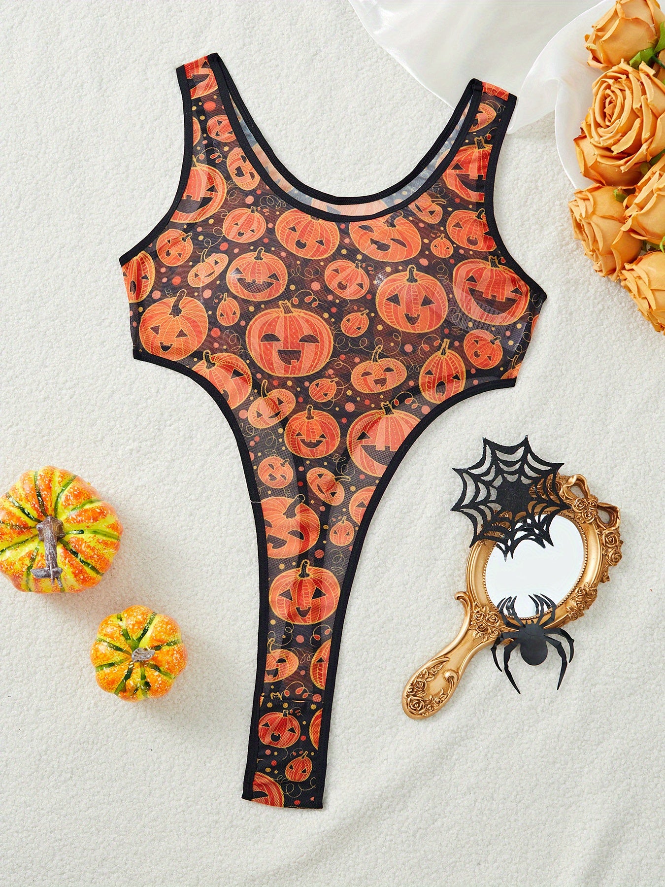 Women's Sexy Halloween one-piece lingerie - Semi-Sheer Mesh, Sexy Party Outfit for Halloween Costume Intimate Evenings, Women's Lingerie, Themed Clothing, Floral Print Design, Stretchy Material, Garterneck Bralette, Adult Wom