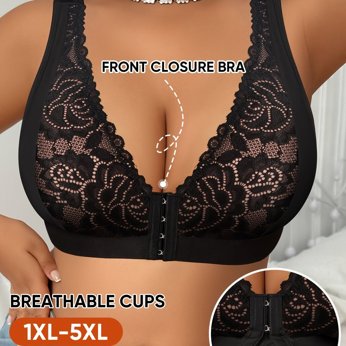 Women's Plus Size Full Coverage Large Bust Bra - Full-Body Lace Jacquard Front Closure, Soft Breathable Wire-Free, A-J Cup Compatible, Full-Cup Design with Smooth Cup & Clear Strap Options, Hand Washable (No Padding) - Elegan