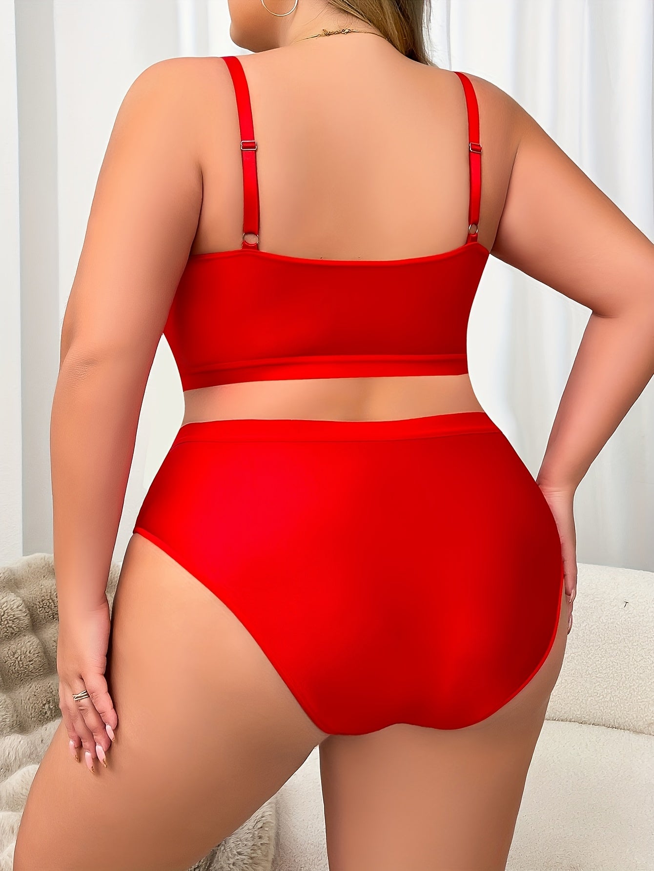 Plus Size Sexy Front Closure Lingerie Set, Red Heart Print Bra And Panties, Casual Mid-Rise Tummy Control Thong Underwear Sexy Solid Color Soft Comfortable Butt Lifter Anti-Slip Breathable Leggings, Women'S Underwear Set