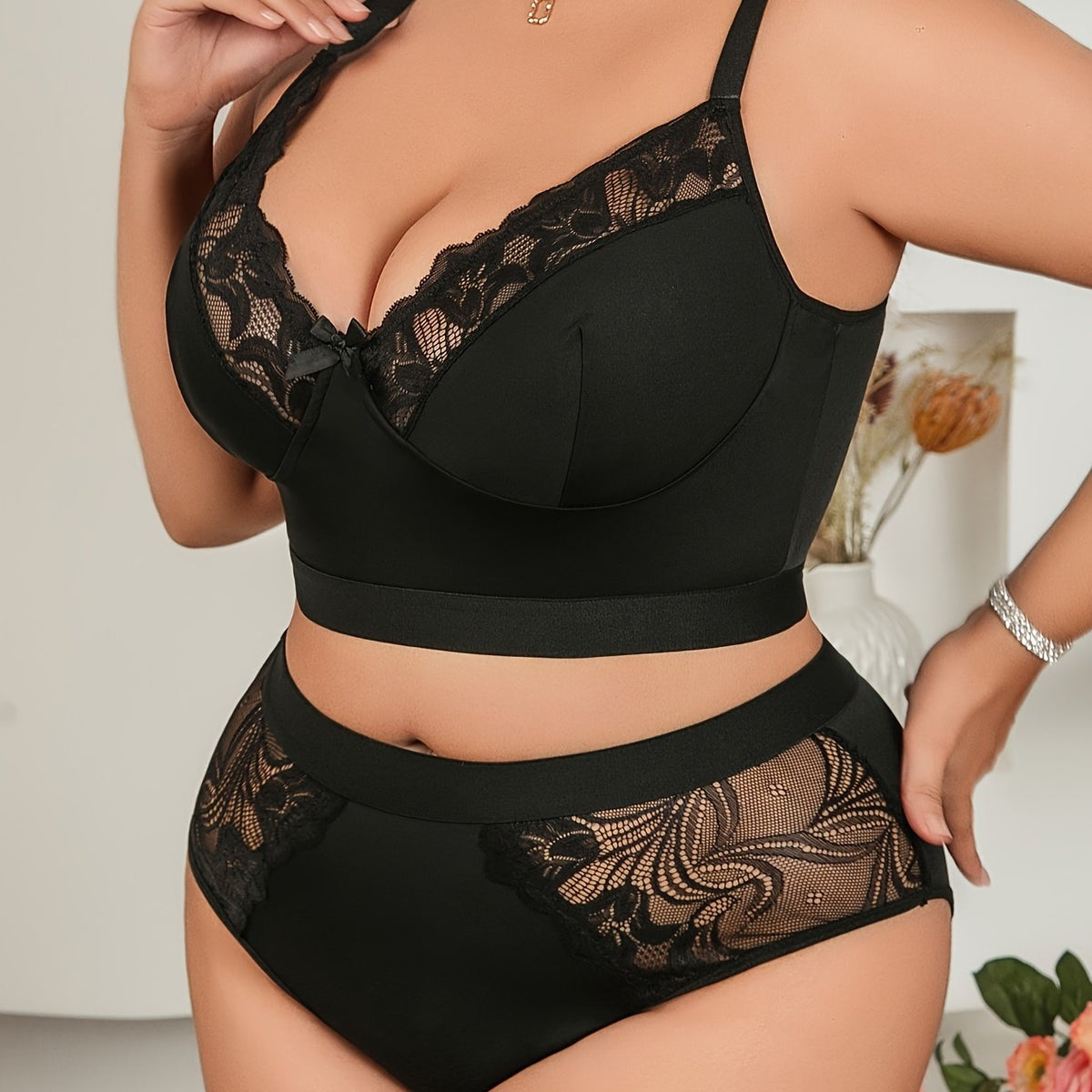 Plus Size Sexy Front Closure Lingerie Set, Red Heart Print Bra And Panties, Casual Mid-Rise Tummy Control Thong Underwear Sexy Solid Color Soft Comfortable Butt Lifter Anti-Slip Breathable Leggings, Women's Underwear Set