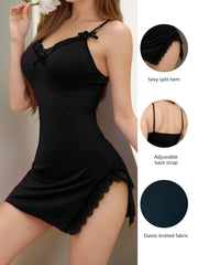 Women's Adjustable Spaghetti Strap V-Neck Sleep Dress - Luxurious Lace Trim Satin Nightdress, Machine Washable Sleeveless Wrap-Around Silhouette, All-Season Elegant Lingerie for Women, Comfortable Nightwear, Feminine Nightwea