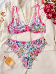 Two-piece Lace Printed Sweet Lingerie Set with Underwire And Push-up Bra And Panties Pure Seductive Style