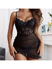 Women's Elegant Lace Choker Lingerie Chemise with Push-Up Underwire Bra, Ruffle Hem & Semi-Sheer Design - Adjustable Back Strap & Machine Washable One-Piece Nightgown for Adults, Sophisticated Sleepwear Special Occasions