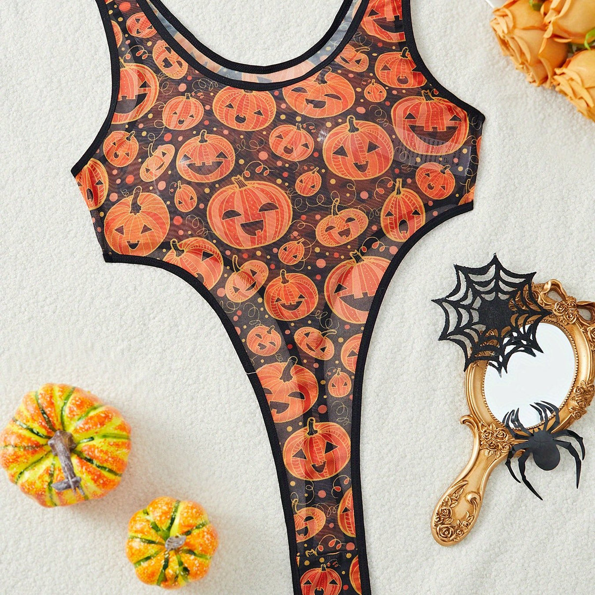 Women's Sexy Halloween one-piece lingerie - Semi-Sheer Mesh, Sexy Party Outfit for Halloween Costume Intimate Evenings, Women's Lingerie, Themed Clothing, Floral Print Design, Stretchy Material, Garterneck Bralette, Adult Wom