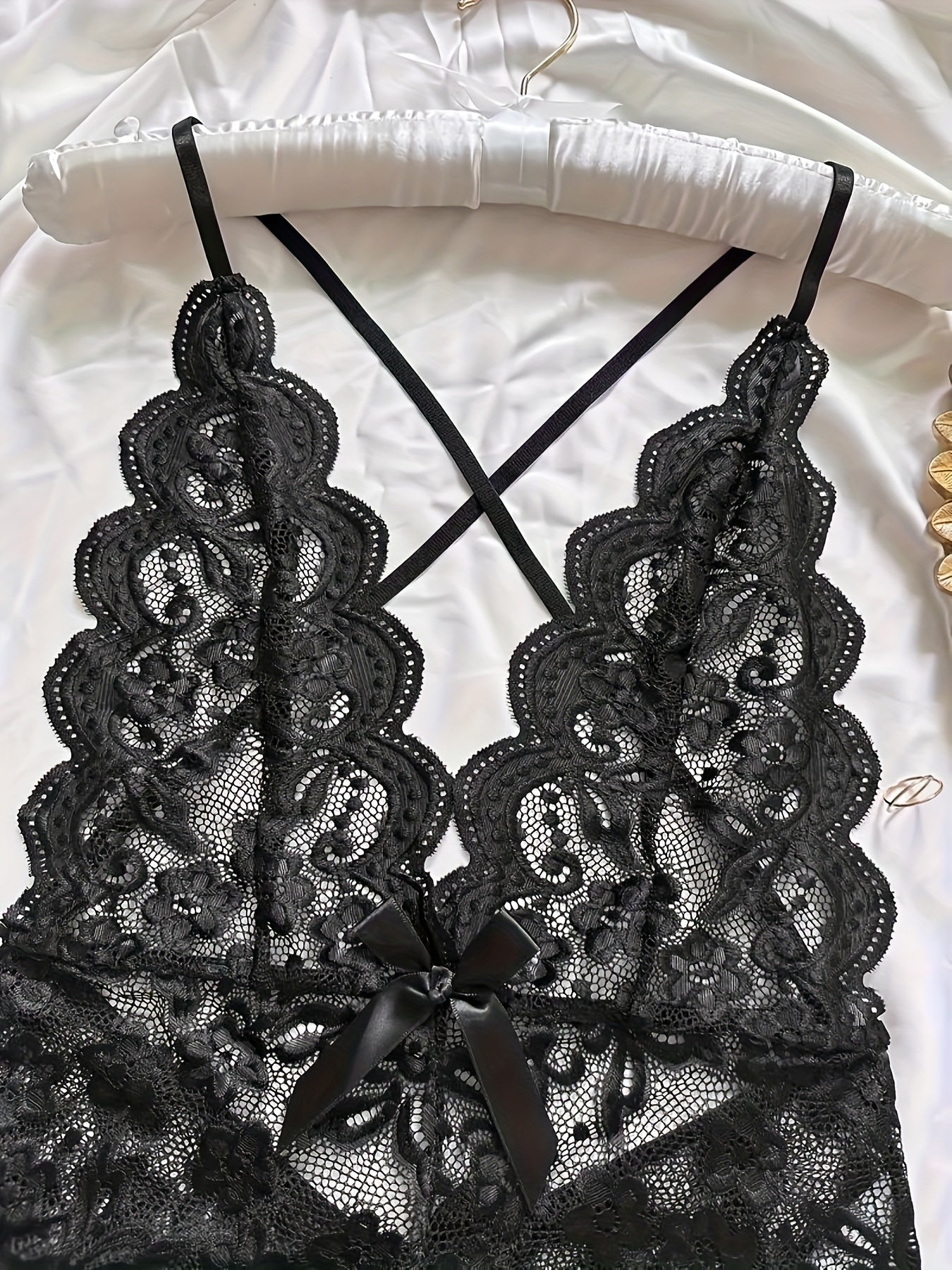Romantic Floral Lace Bow Bodysuit - Deep V, Scallop Edge, Open Crotch Design - Sensual Cross Strappy Backless Lingerie for Women