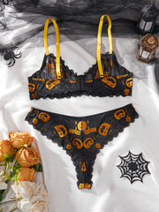 Women'S 2pcs Halloween Lingerie Set - Spooky Pumpkin & Skeleton Print Push-Up Bra & Thong with Low-Rise Cut-Out Design, Soft Comfort Fit for Costume Parties, Role Play & Themed Events - Sexy Gothic Underwear Gift for Christma