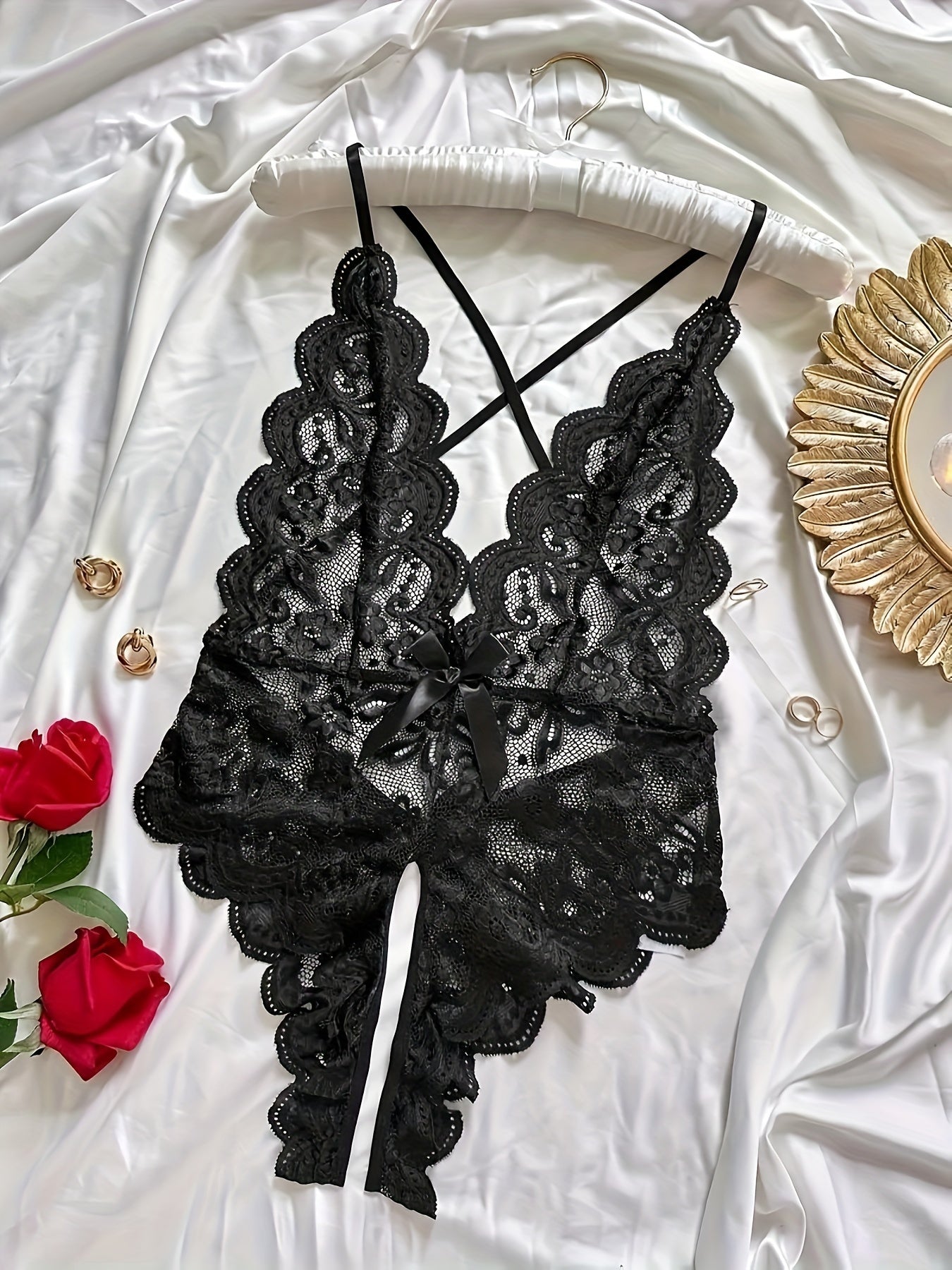 Romantic Floral Lace Bow Bodysuit - Deep V, Scallop Edge, Open Crotch Design - Sensual Cross Strappy Backless Lingerie for Women