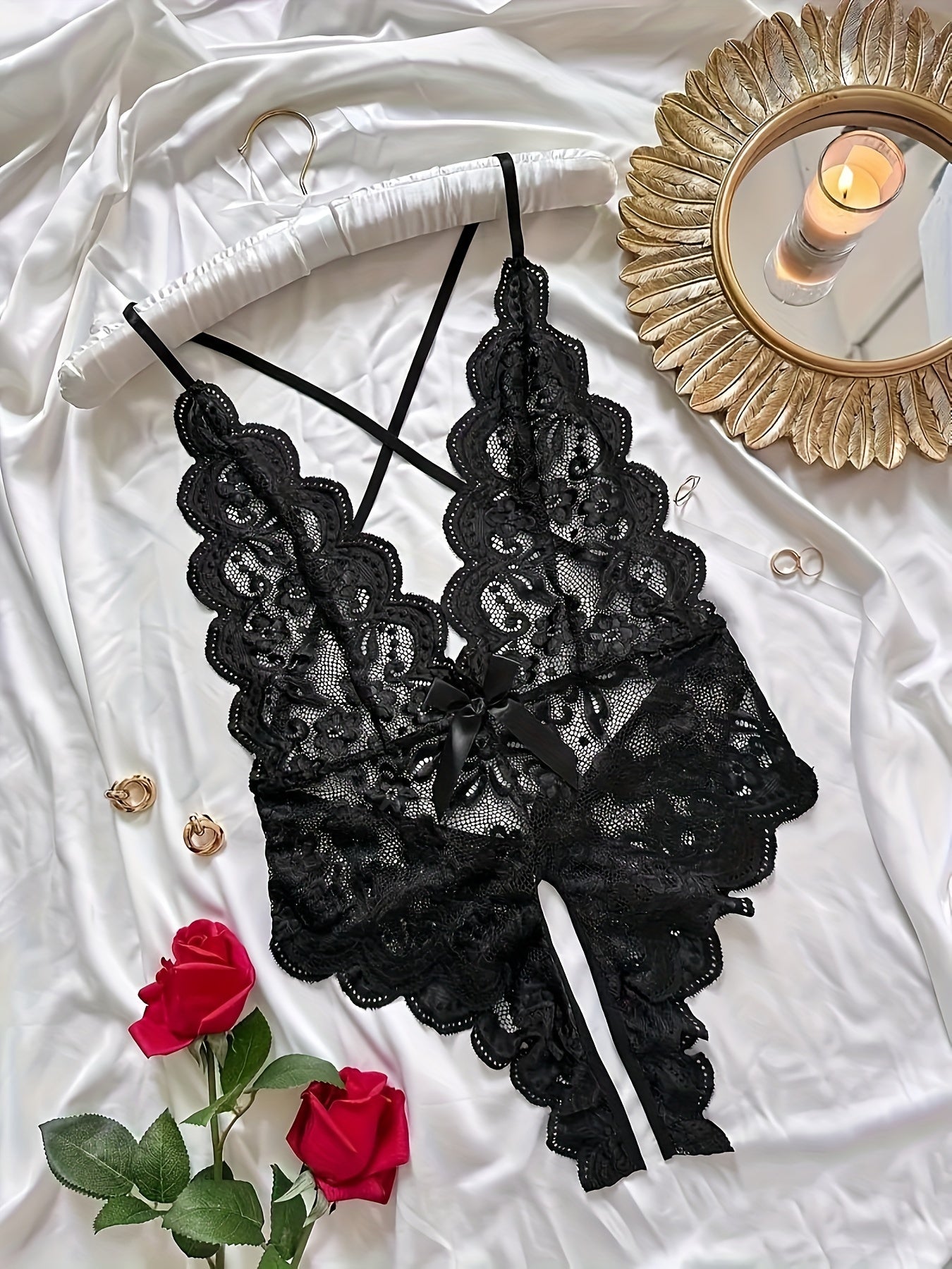 Romantic Floral Lace Bow Bodysuit - Deep V, Scallop Edge, Open Crotch Design - Sensual Cross Strappy Backless Lingerie for Women