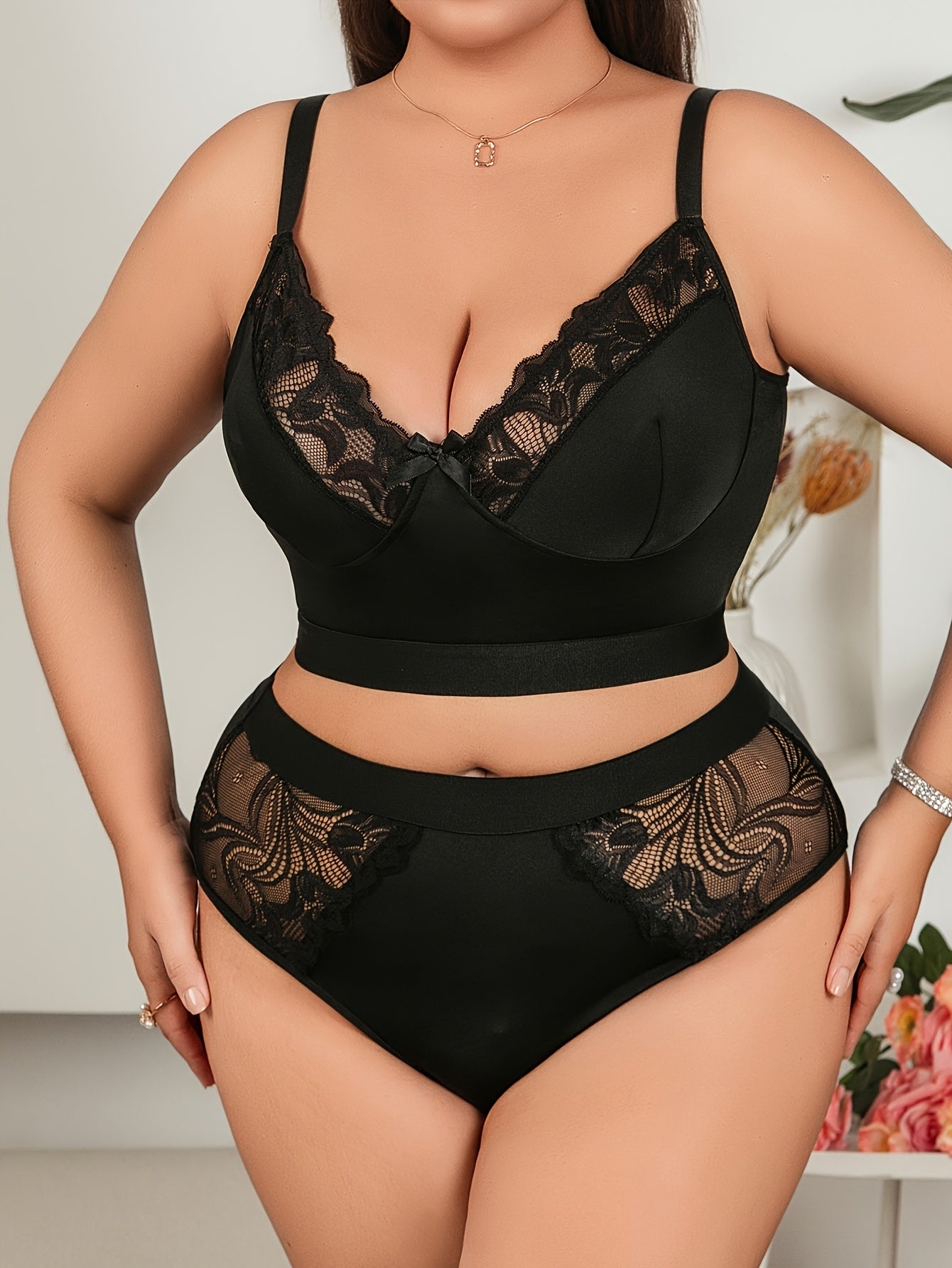 Plus Size Sexy Front Closure Lingerie Set, Red Heart Print Bra And Panties, Casual Mid-Rise Tummy Control Thong Underwear Sexy Solid Color Soft Comfortable Butt Lifter Anti-Slip Breathable Leggings, Women's Underwear Set