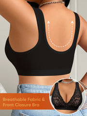 Women's Plus Size Full Coverage Large Bust Bra - Full-Body Lace Jacquard Front Closure, Soft Breathable Wire-Free, A-J Cup Compatible, Full-Cup Design with Smooth Cup & Clear Strap Options, Hand Washable (No Padding) - Elegan