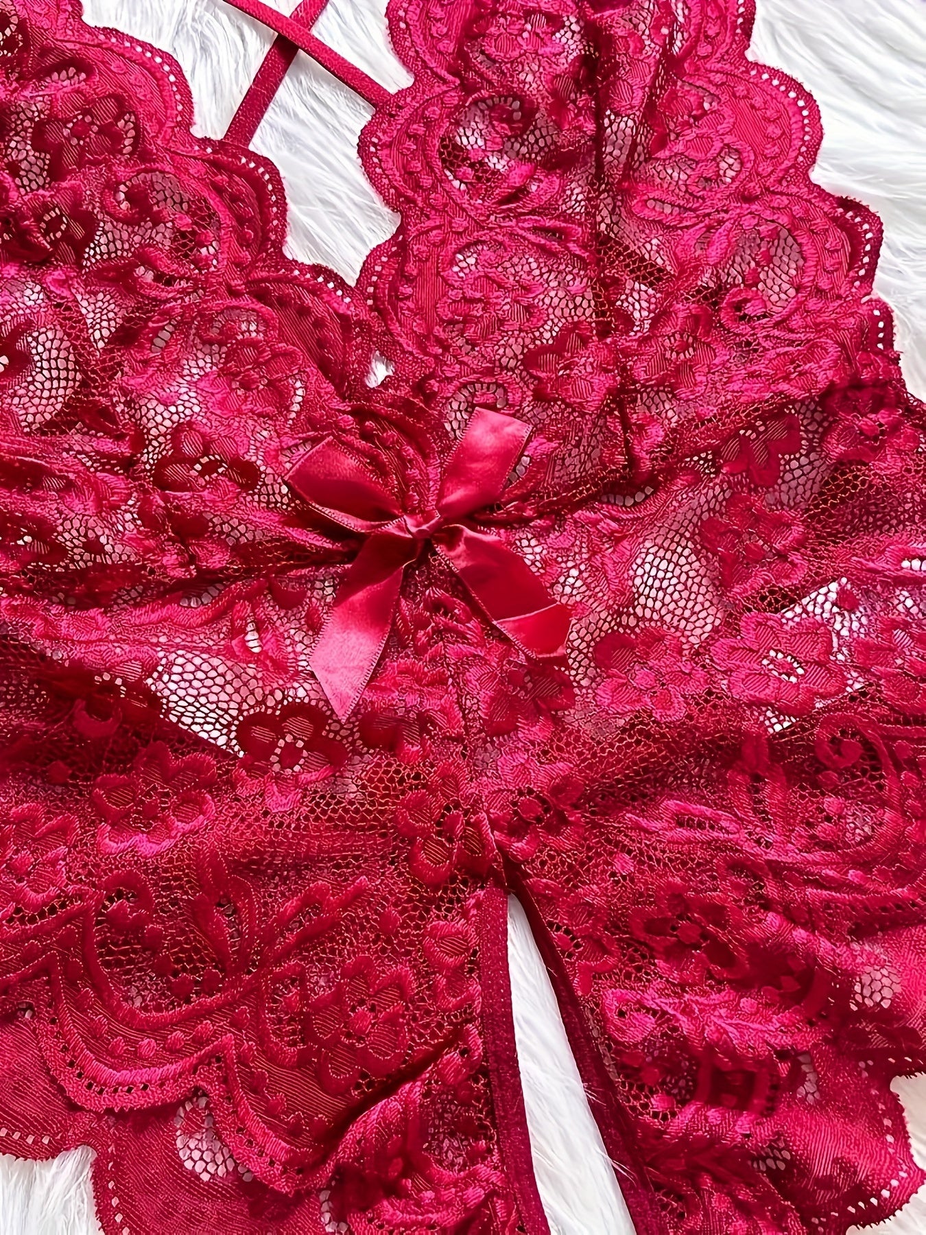 Romantic Floral Lace Bow Bodysuit - Deep V, Scallop Edge, Open Crotch Design - Sensual Cross Strappy Backless Lingerie for Women