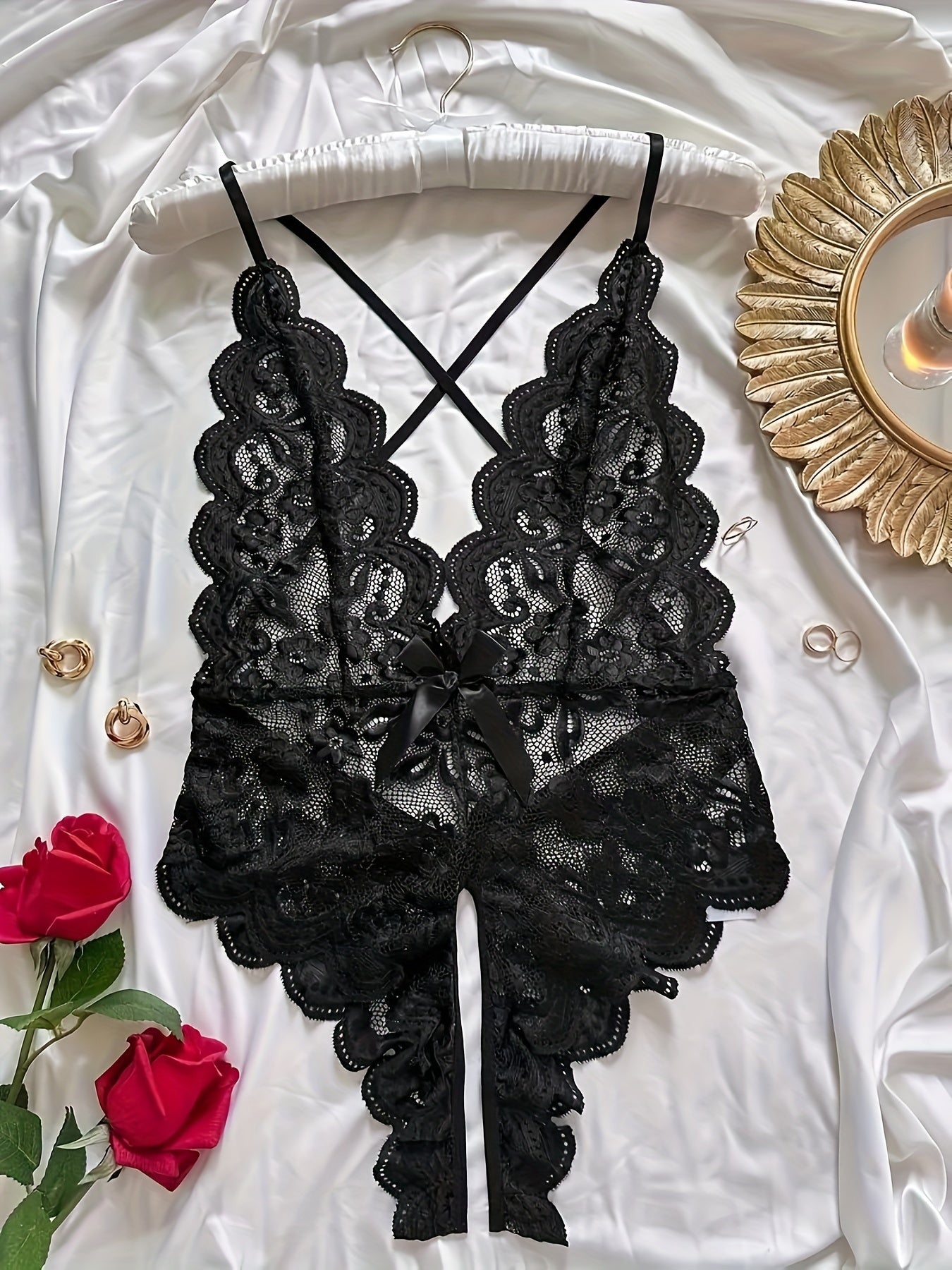 Romantic Floral Lace Bow Bodysuit - Deep V, Scallop Edge, Open Crotch Design - Sensual Cross Strappy Backless Lingerie for Women