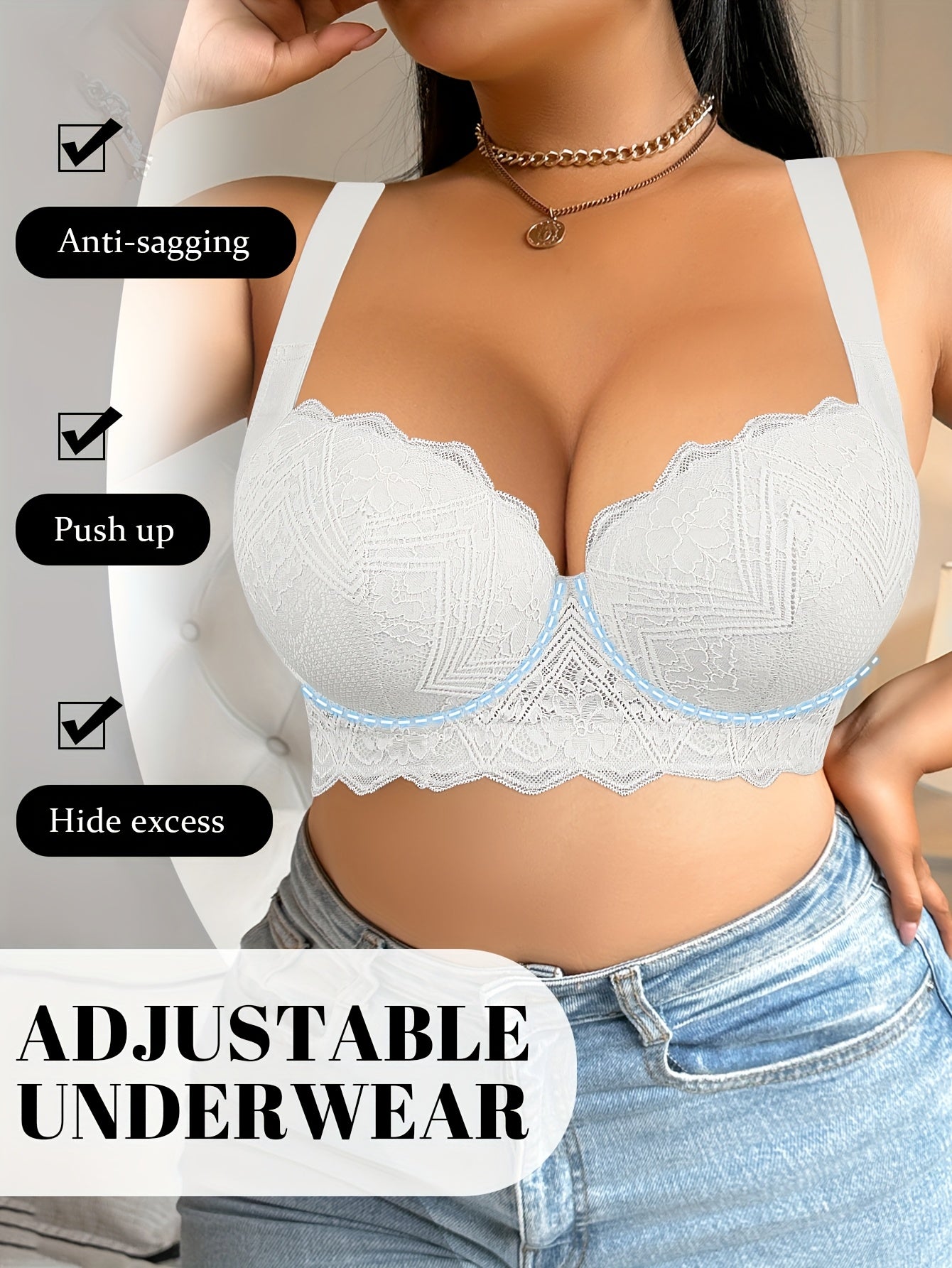 Women's Plus Size Non-Slip Underwire Bra - Lift & Support with Side Breast Support, Beige Lace Cups, Everyday & Formal Lingerie - Elegant Plus Size Bras for Women, Comfortable Fit, Seamless Design, Durable Construction, Fullf