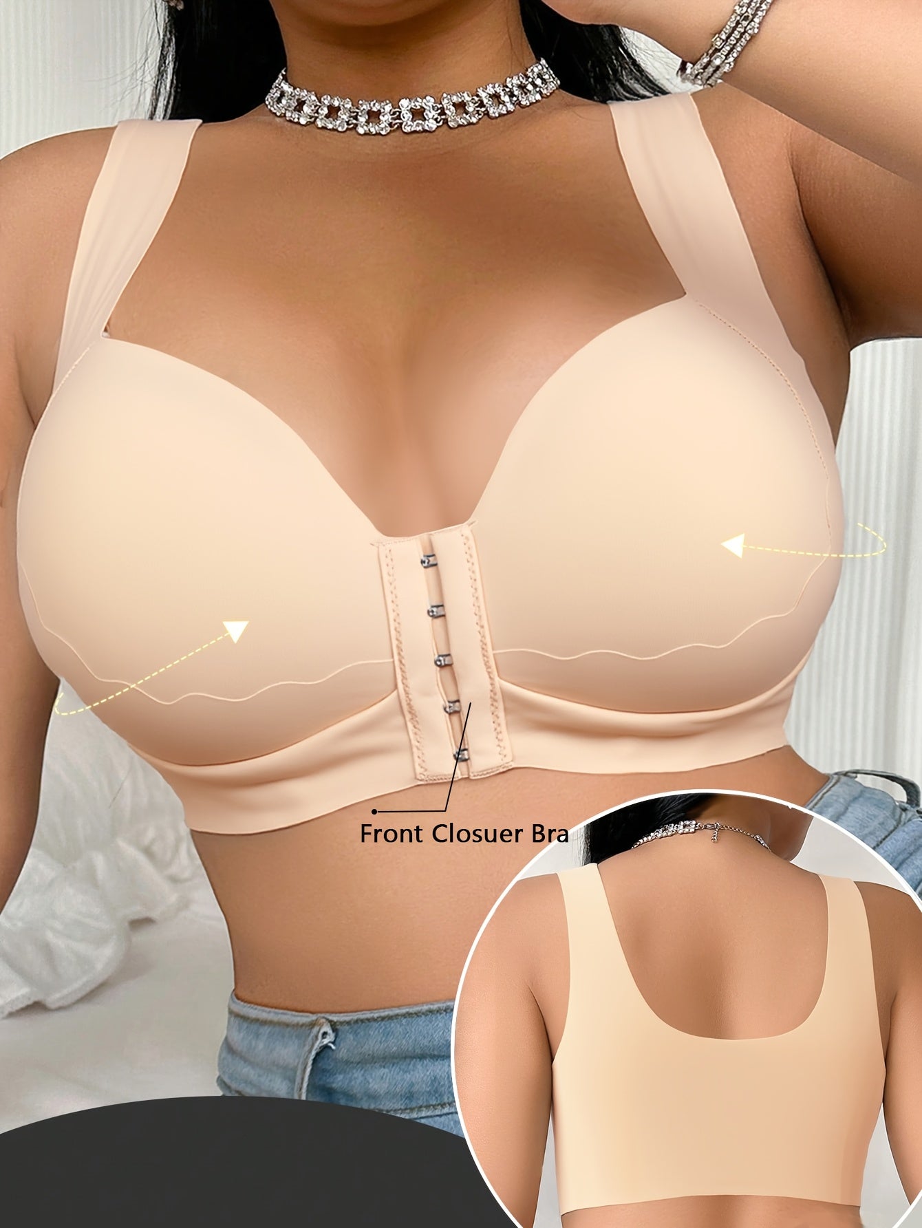 Women's Plus-Size Front-Closure Bra - Full Coverage Non-Detachable Padding, One-Piece Wide Shoulder Straps, Smooth Everyday & Formal Bras for Curvy Women - Easy Front Fastening Closure, Comfortable Lingerie, Vneck Design, Sup
