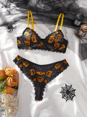 Women'S 2pcs Halloween Lingerie Set - Spooky Pumpkin & Skeleton Print Push-Up Bra & Thong with Low-Rise Cut-Out Design, Soft Comfort Fit for Costume Parties, Role Play & Themed Events - Sexy Gothic Underwear Gift for Christma