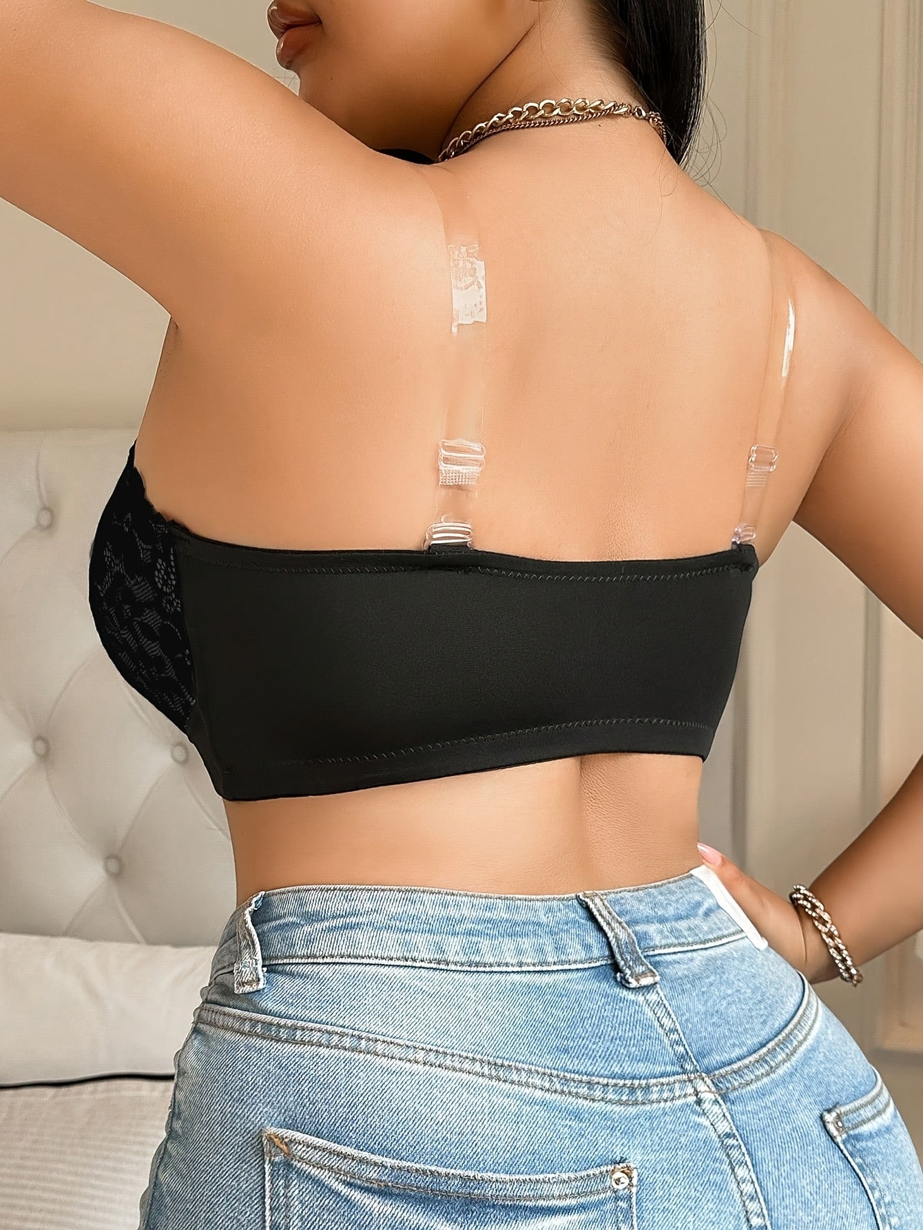 [Elegant Strapless Bra] MIOTAN Women's Elegant Jacquard Lace Strapless Bra | Front Clasp, Medium Stretch Comfort Fit, One Size Fits Most, Beach Wedding Wear, Intricate Detail